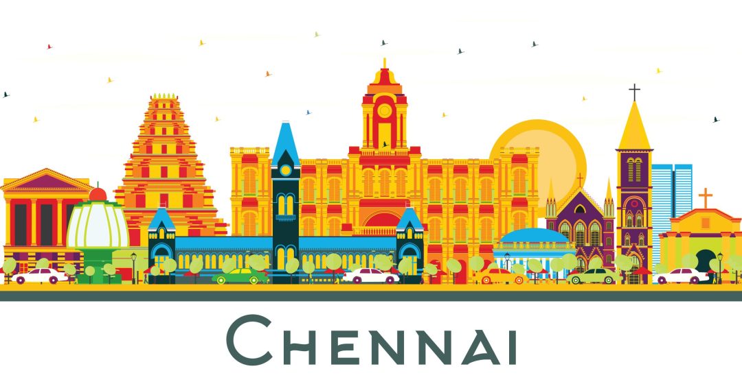 Chennai India City Skyline with Color Landmarks Isolated on White. Vector Illustration. Business Travel and Tourism Concept with Historic Architecture. Chennai Cityscape with Landmarks.